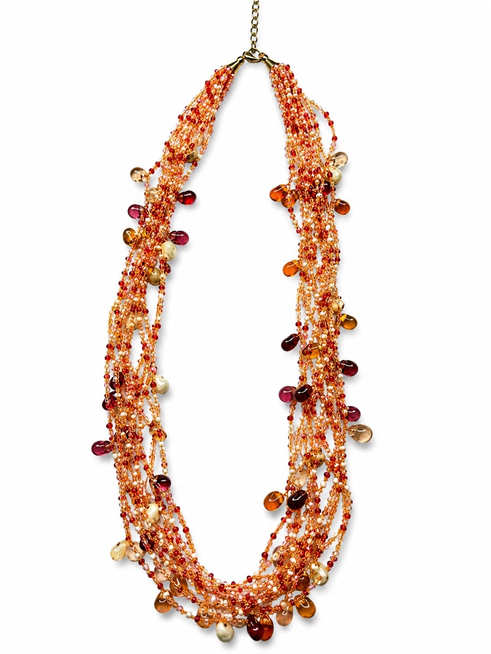 Vintage Multi Strand Beaded Dangle Necklace Peach‎ Coral Amber 13" Drop